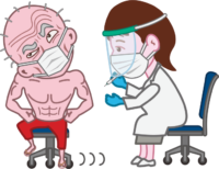 筋肉注射を恐がっている腹筋爺さんのイラスト