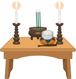 経机 経机の上に置かれたロウソク立てや香炉やおりんのイラスト