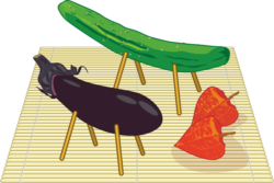 精霊馬とホオズキ お盆のお供え物である精霊馬とホオズキのイラスト