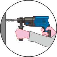 ハンマードリルで穴あけ コンクリートの壁に穴をあけているハンマードリルのイラスト