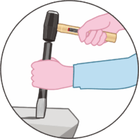 石を割る タガネをセットハンマーで叩いて石を割っているイラスト