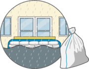 土嚢 大雨による水の浸入を土嚢で防いでいるイラスト
