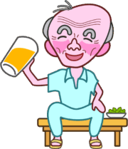 生ジョッキ爺さん 縁台に腰かけて生ジョッキを飲んでいる納涼爺さんのイラスト