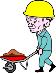 工事用一輪車で土砂を運んでいる爺さんのイラスト