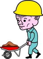 工事用一輪車 工事用一輪車で土を運んでいる職人爺さんのイラスト