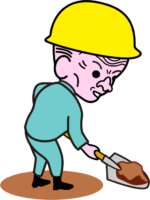 スコップ作業 スコップで土を掬い取っている職人爺さんのイラスト