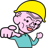 指さしポーズ 身体を反らせて指さしポーズをきめている職人爺さんのイラスト