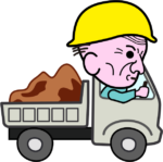 残土 残土をダンプカーで運んでいる職人爺さんのイラスト