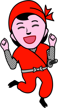 はしゃぐ 片足を上げて笑いながらはしゃいでいる女忍者のイラスト