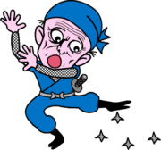敵の撒いたマキビシに驚いている爺さん忍者のイラスト