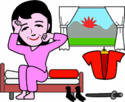 眠そうな目をしてベットに腰かけている女忍者のイラスト
