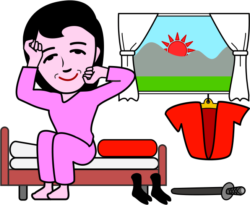 眠そう 眠そうな目をしてベットに腰かけている女忍者のイラスト