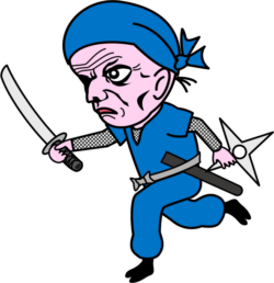 老忍者 右手に刀、左手に手裏剣を持って敵を追いかけている老忍者のイラスト