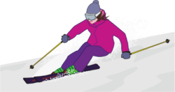 風を切って白銀の斜面を颯爽と滑る女性スキーヤーのイラスト