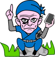 スマホで得た情報を分析している爺さん忍者のイラスト