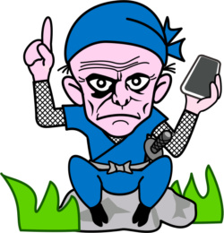 情報分析 スマホで得た情報を分析している爺さん忍者のイラスト