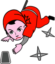 手裏剣が飛び交う中、落としたスマホを拾おうとしている女忍者のイラスト