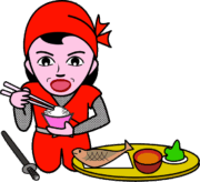 栄養バランスの良い食事を摂っている女忍者のイラスト