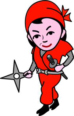 大きな十字手裏剣 十字手裏剣を右手に持って相手を狙っている女忍者のイラスト