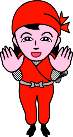 まあまあ まあまあと両手を広げて相手を抑えている女忍者のイラスト