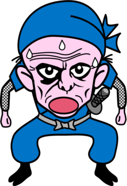 はぁ、疲れた 汗だくだくですごく疲れている爺さん忍者のイラスト