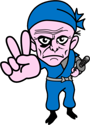 了解と仲間にVサインを送っている爺さん忍者のイラスト