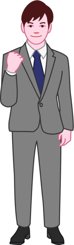 いらっしゃい下 右手にこぶしを作ってガッツポーズをしている男性社員のイラスト