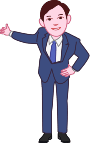 「さあ、こちらへどうぞ」とお客を案内している男性のイラスト