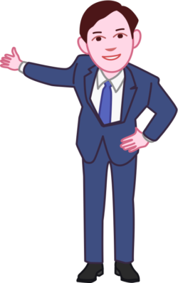 「さあ、こちらへどうぞ」とお客を案内している男性のイラスト