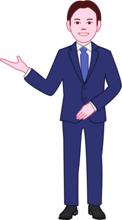 右手を上げて「どうぞ」と訪問客を案内している男性社員のイラスト