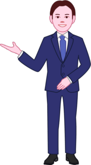 右手を上げて「どうぞ」と訪問客を案内している男性社員のイラスト