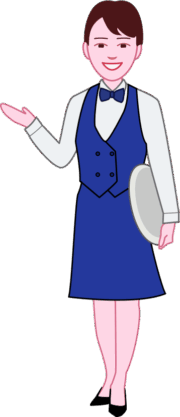 店内の席へお客様を案内している笑顔のウェイトレスのイラスト