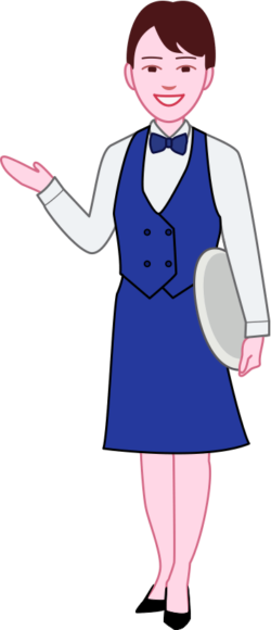 店内の席へお客様を案内している笑顔のウェイトレスのイラスト