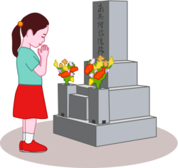 お墓参り お墓の前で手を合わせる少女のイラスト