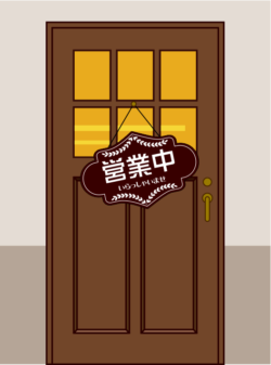 飲食店のドアに「営業中」の看板が下がっているイラスト