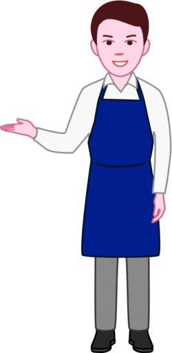 エプロン姿のレストランウェイターの「いらっしゃいませ」イラスト