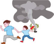 竜巻 手をつないで竜巻から逃げる親子のイラスト