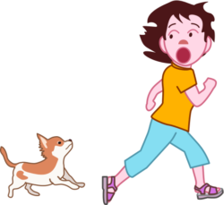 小犬から逃げている犬が苦手な女の子のイラスト