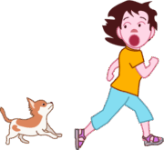 小犬から逃げている犬が苦手な女の子のイラスト