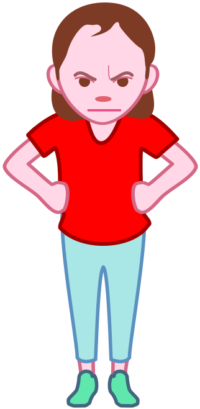 両手を腰に当てて怒っている少女のイラスト。