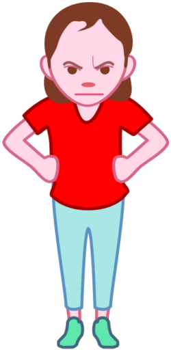 両手を腰に当てて怒っている少女のイラスト。