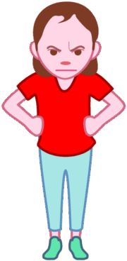 両手を腰に当てて怒っている少女のイラスト。