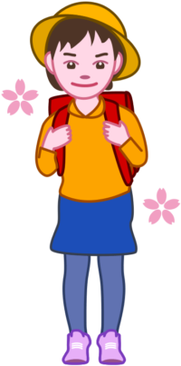 小学校一年生 黄色い帽子をかぶった可愛い一年生の女の子のイラスト。