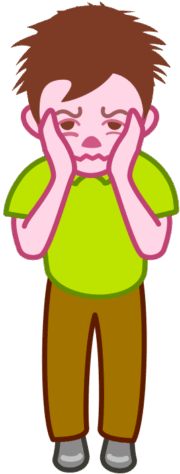 頬に両手をあてて怖がっている男の子のイラスト。