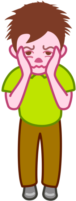 頬に両手をあてて怖がっている男の子のイラスト。