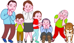 怖がる家族 何かを恐れている様子の家族のイラスト。