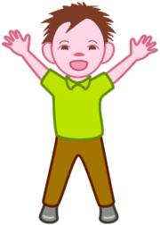 両手を上に広げて笑っている男の子のイラスト。