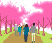 桜並木を花見散歩している人達のイラスト。