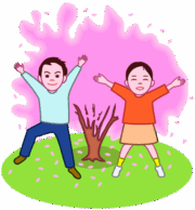 満開の桜に、うれしそうに飛び跳ねる子ども達のイラスト。