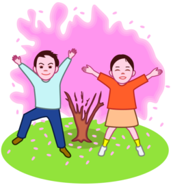 満開の桜に、うれしそうに飛び跳ねる子ども達のイラスト。